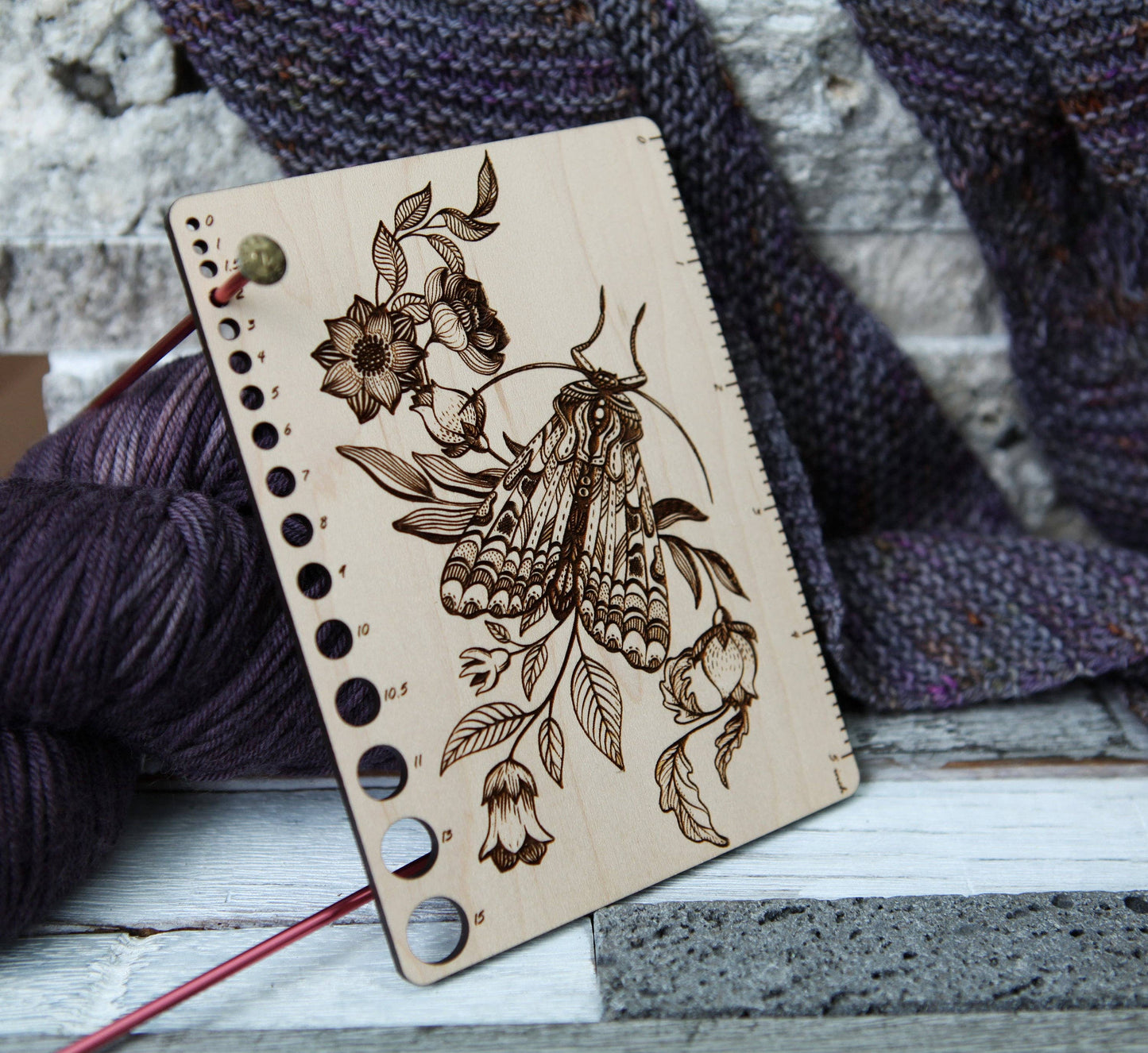 Moth Floral Maple Knitting Needle Gauge & 5" Ruler