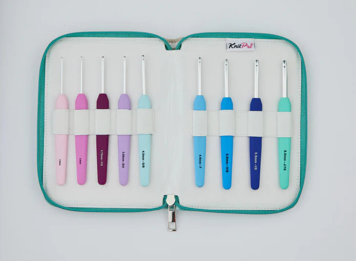 KnitPro Waves Crochet Hooks Set – 9 Hook Deluxe Gift Set, Sizes 2 – 6mm, Ergonomic Soft Handles, Soft Rubber Grip for Arthritic Hands