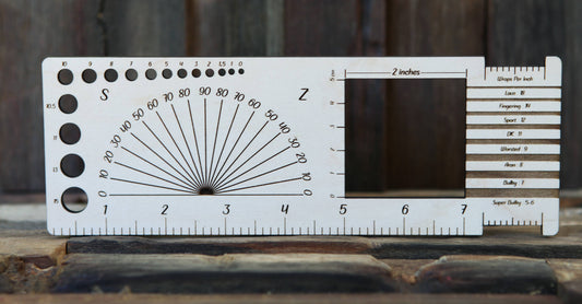 Luna 2" Gauge Swatch, Ruler, Needle, Twist Angle, Yarn Gauge