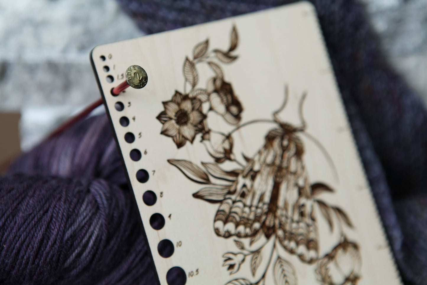 Moth Floral Maple Knitting Needle Gauge & 5" Ruler