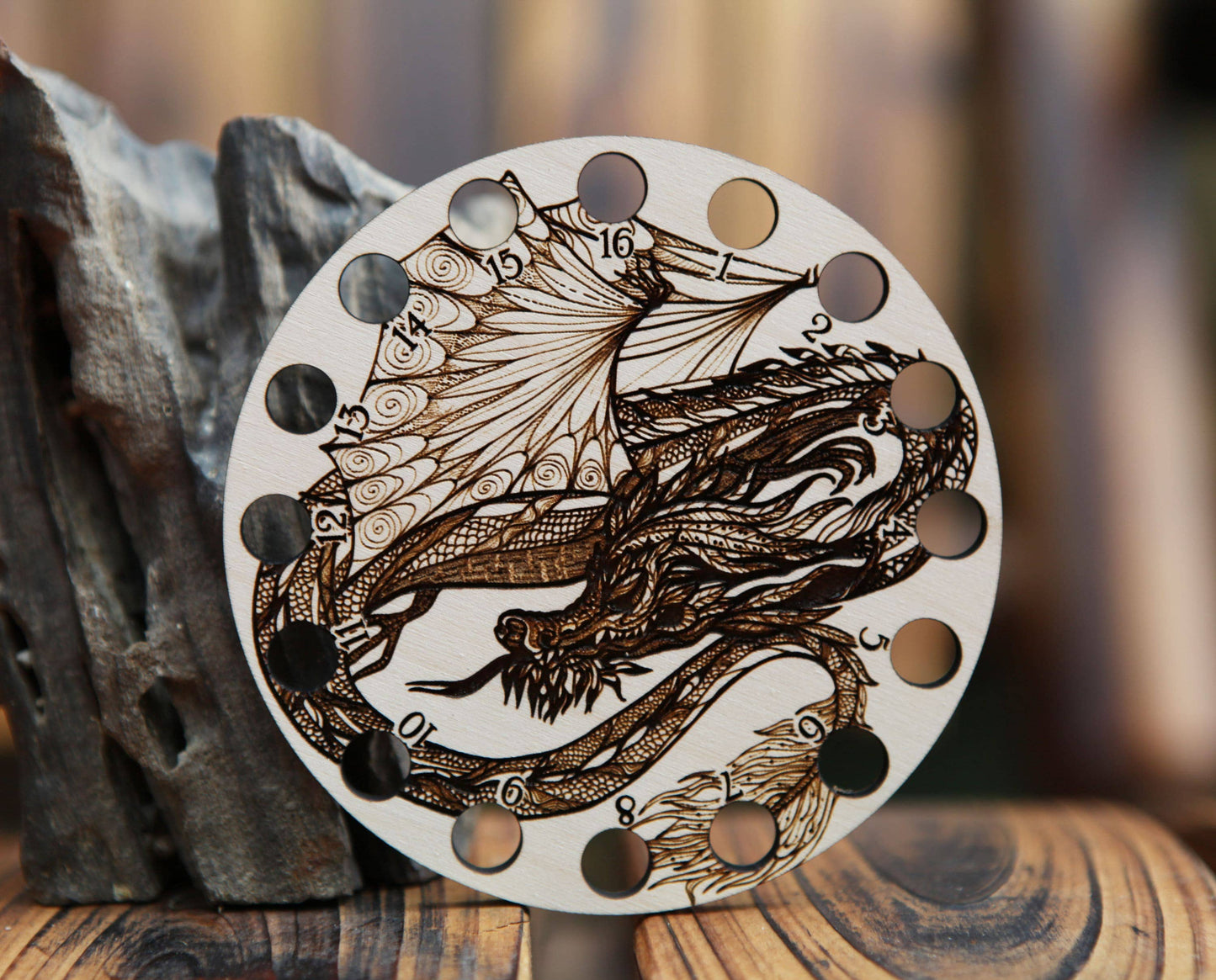 Dragon Embroidery Floss Storage Holder - Circle Maple Wood