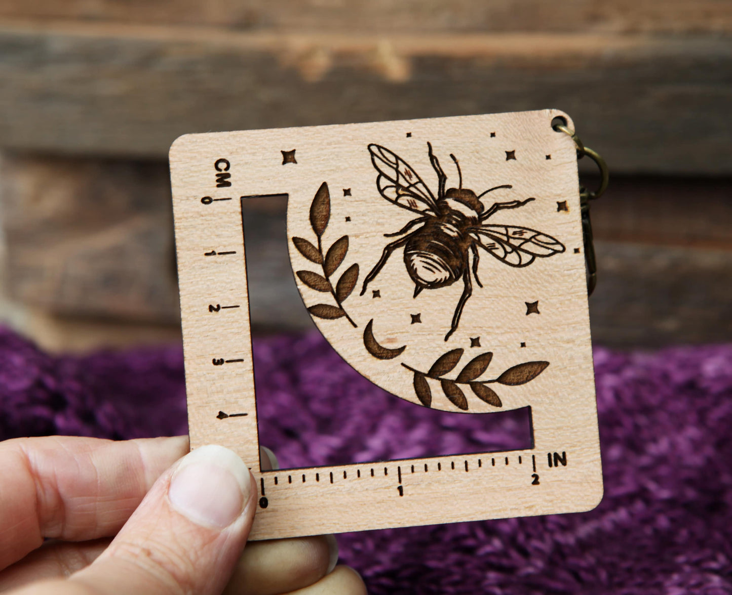 Bee, Stars & Moon Yarn Gauge Tool, Cherry & Bronze