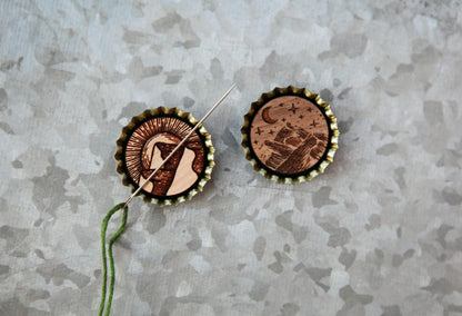 Mountain Sun Moon Wood Needle Minder for Needlework Crafts