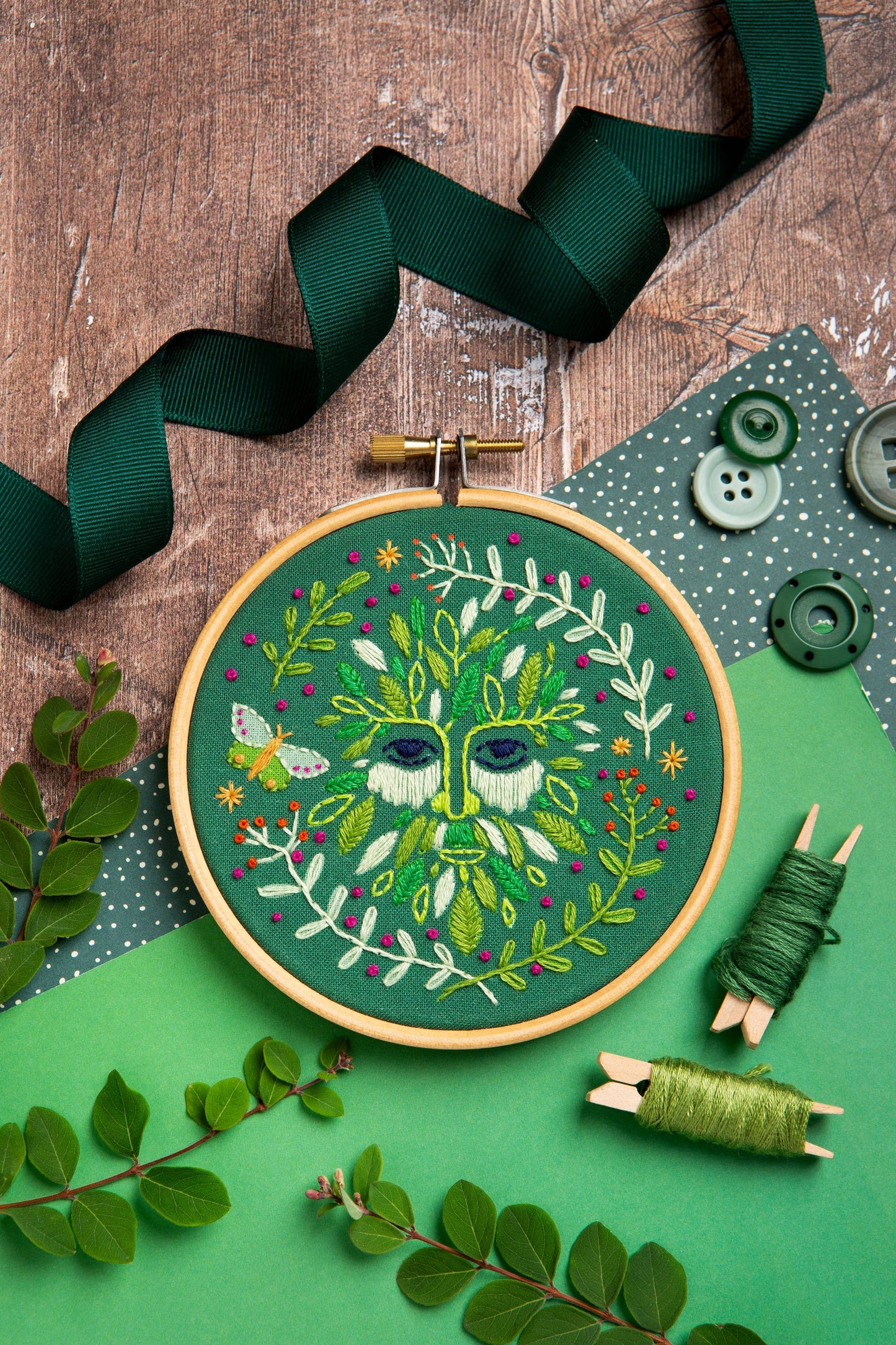 Folk Green Man Mini Embroidery Kit | Beginner Craft Set