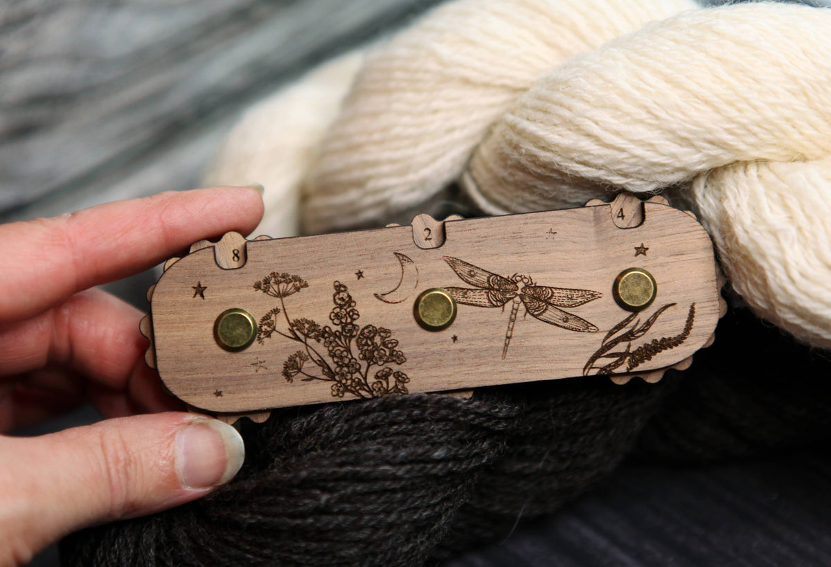 Dragonfly Moon 3-Dial Walnut Wood Knitting Row Counter