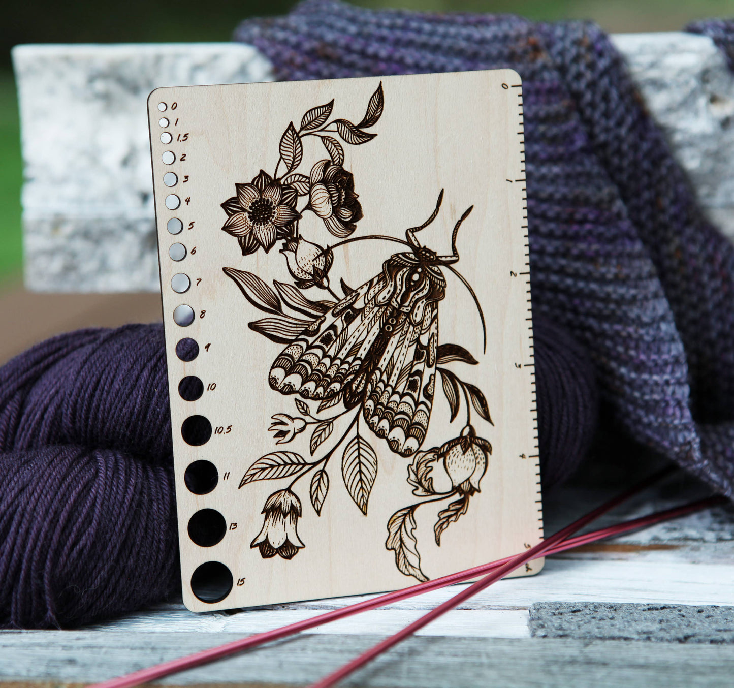 Moth Floral Maple Knitting Needle Gauge & 5" Ruler