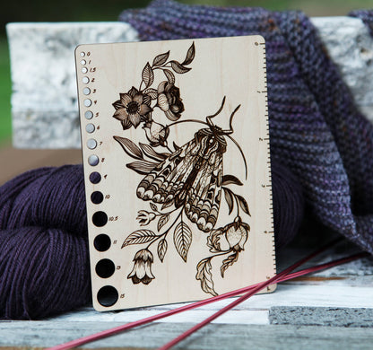 Moth Floral Maple Knitting Needle Gauge & 5" Ruler
