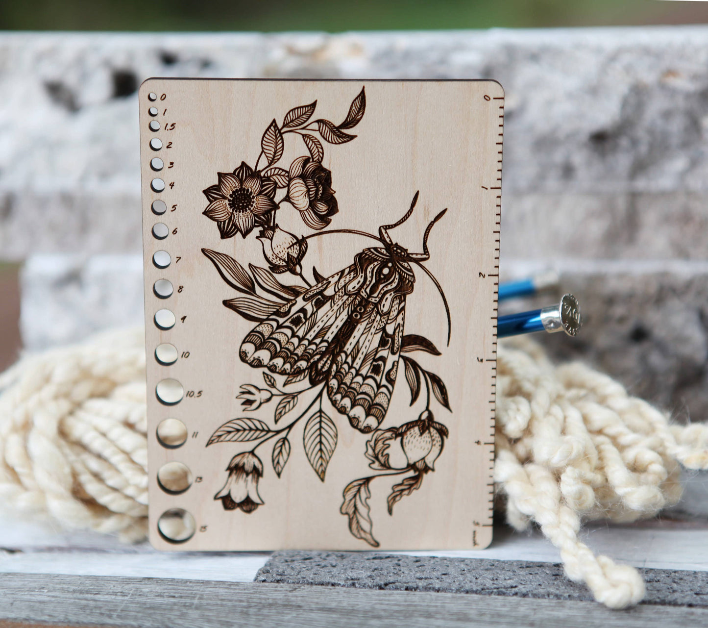 Moth Floral Maple Knitting Needle Gauge & 5" Ruler