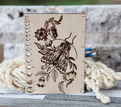 Moth Floral Maple Knitting Needle Gauge & 5" Ruler