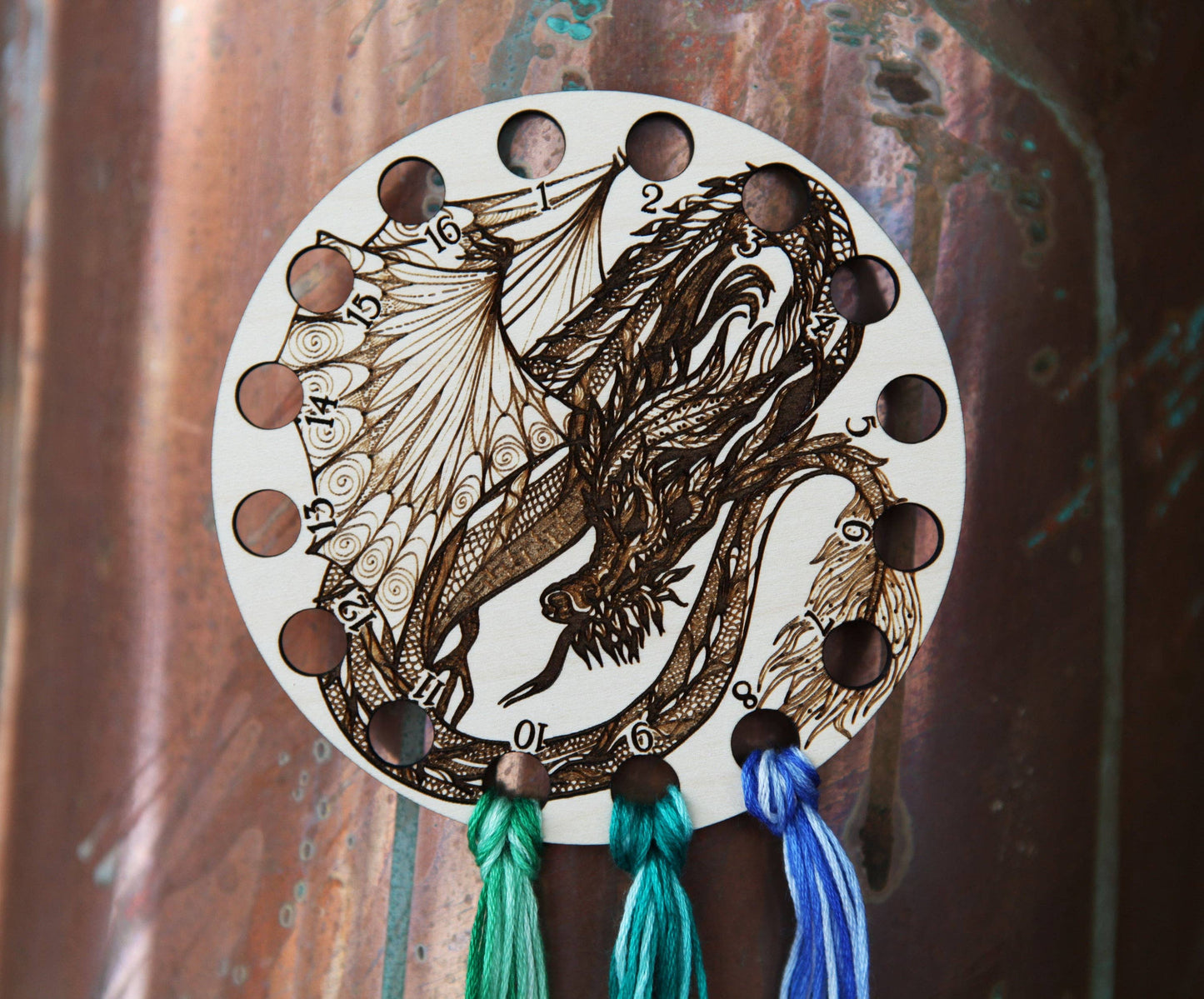 Dragon Embroidery Floss Storage Holder - Circle Maple Wood
