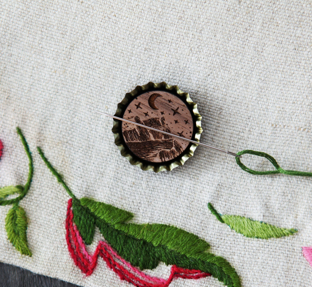Mountain Sun Moon Wood Needle Minder for Needlework Crafts