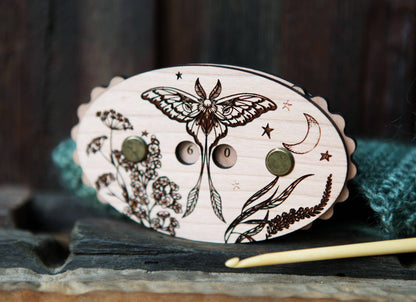 Luna Moth Cherry Wood Knitting Row Counter with Stars & Moon