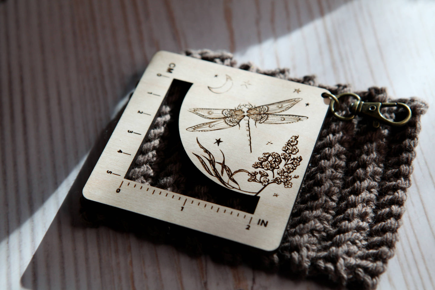 Dragonfly Moon Gauge Ruler in Maple & Bronze for Fiber Arts