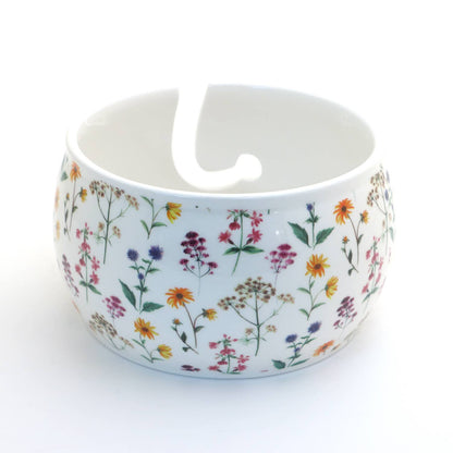 Ceramic Yarn Bowl, FULL WRAP Wildflowers, crochet or knit