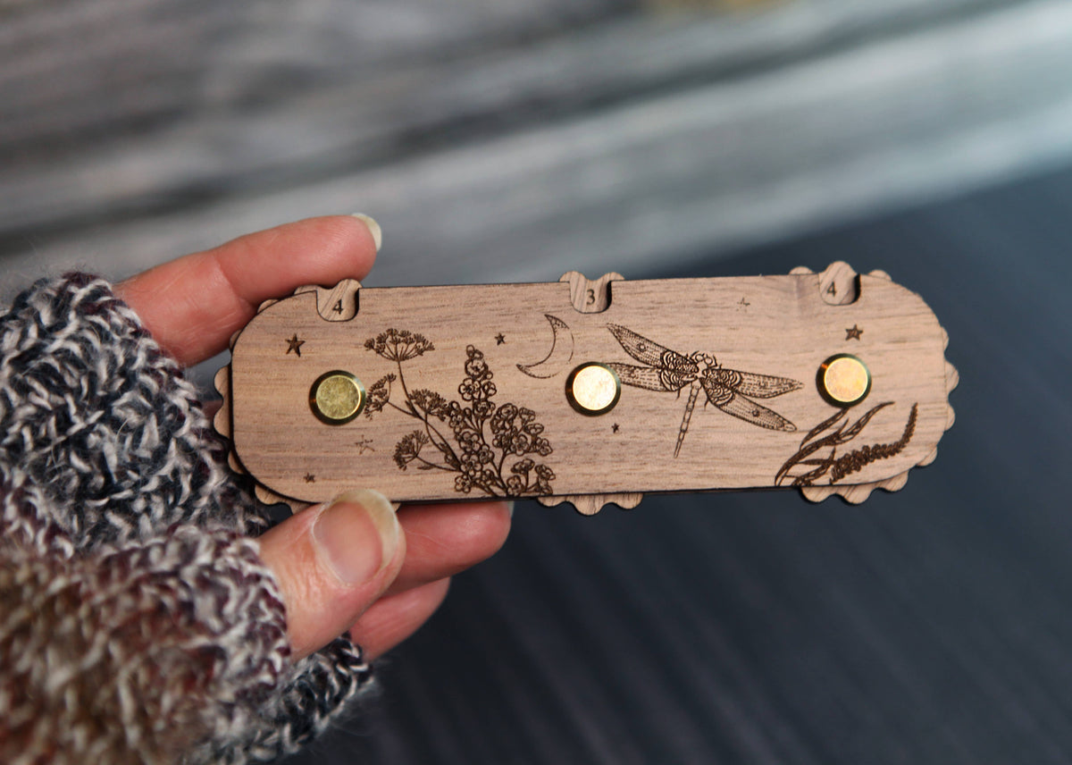 Dragonfly Moon 3-Dial Walnut Wood Knitting Row Counter