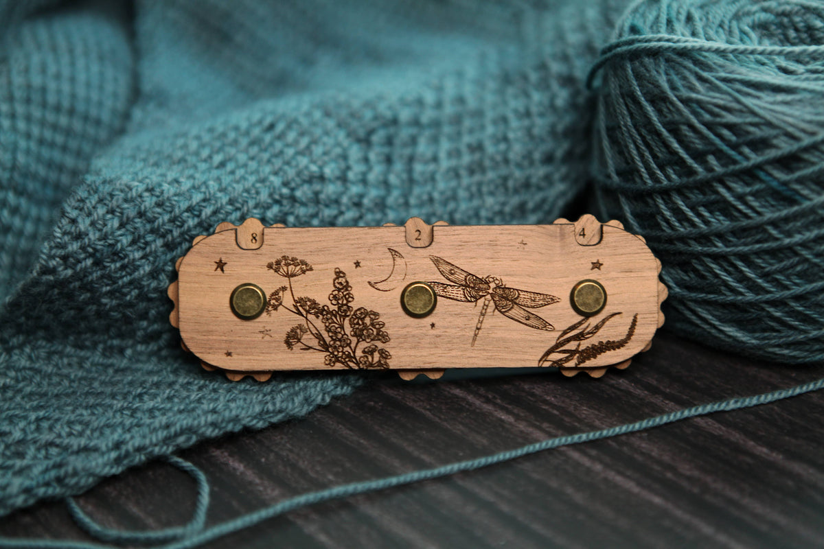 Dragonfly Moon 3-Dial Walnut Wood Knitting Row Counter