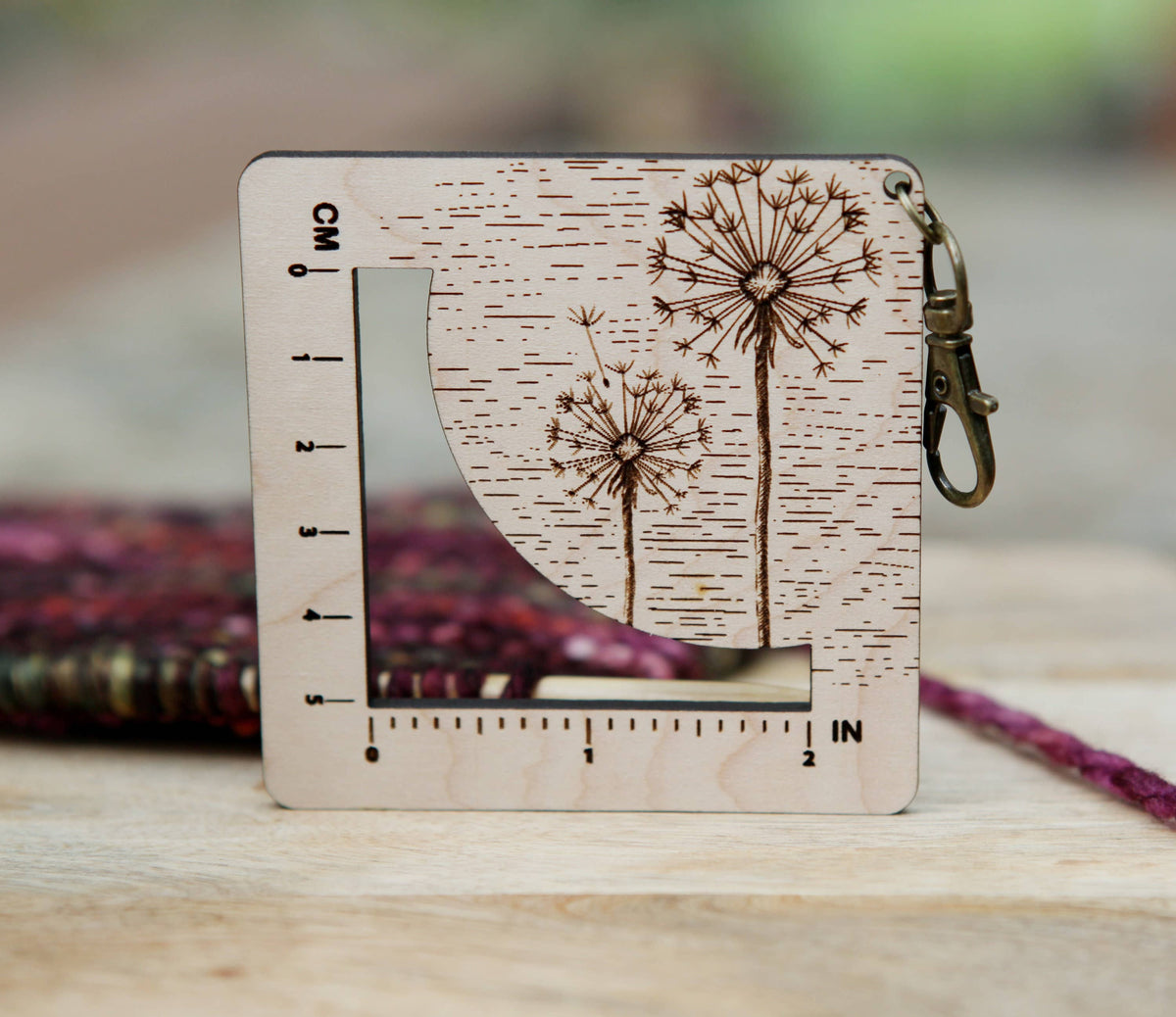 Dandelion Gauge Ruler for Fiber Arts, Maple & Bronze Clasp