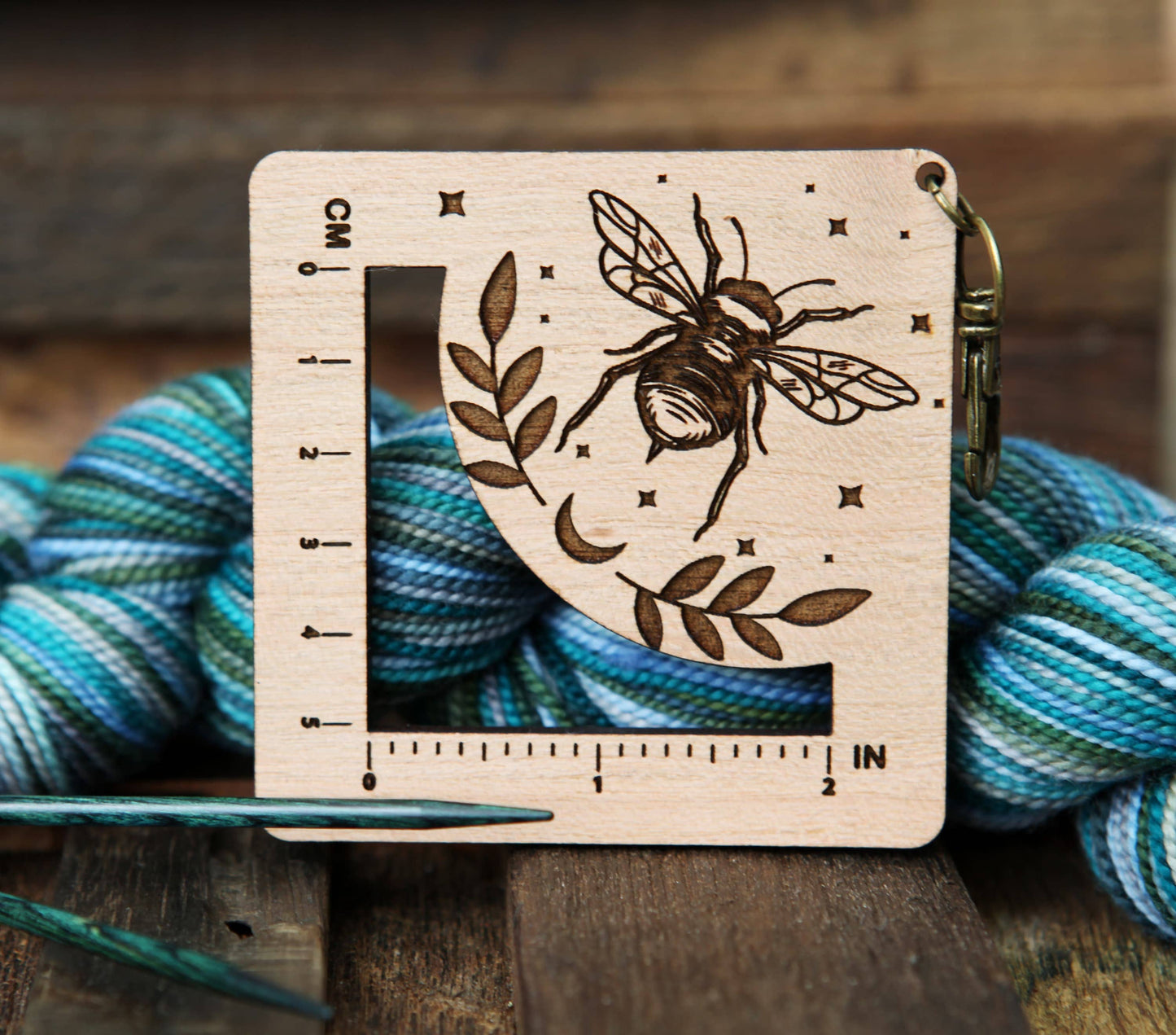 Bee, Stars & Moon Yarn Gauge Tool, Cherry & Bronze