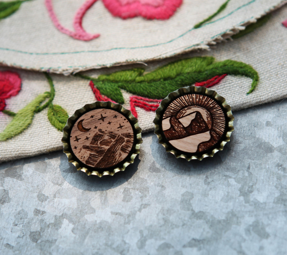 Mountain Sun Moon Wood Needle Minder for Needlework Crafts