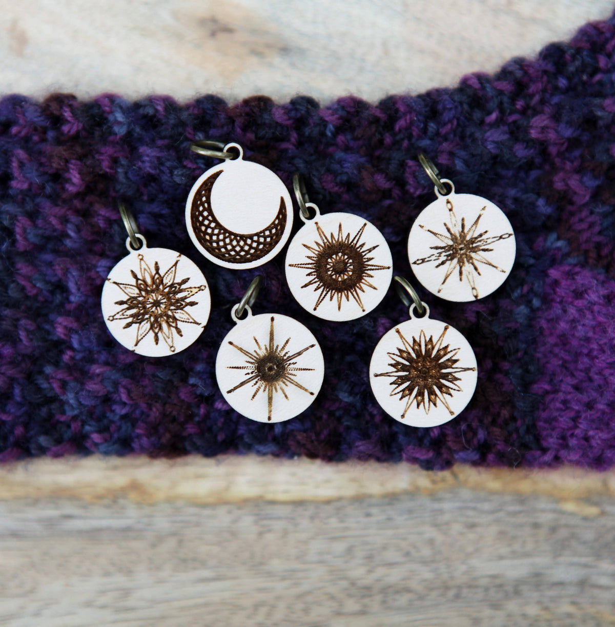 Moon and Stars Maple Wood Knitting Stitch Markers Set of 6