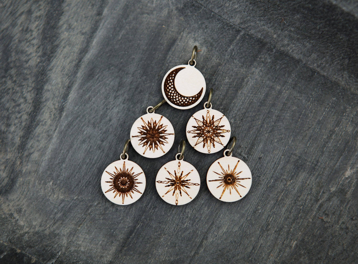 Moon and Stars Maple Wood Knitting Stitch Markers Set of 6