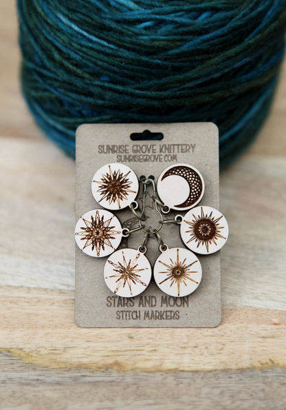 Moon and Stars Maple Wood Knitting Stitch Markers Set of 6