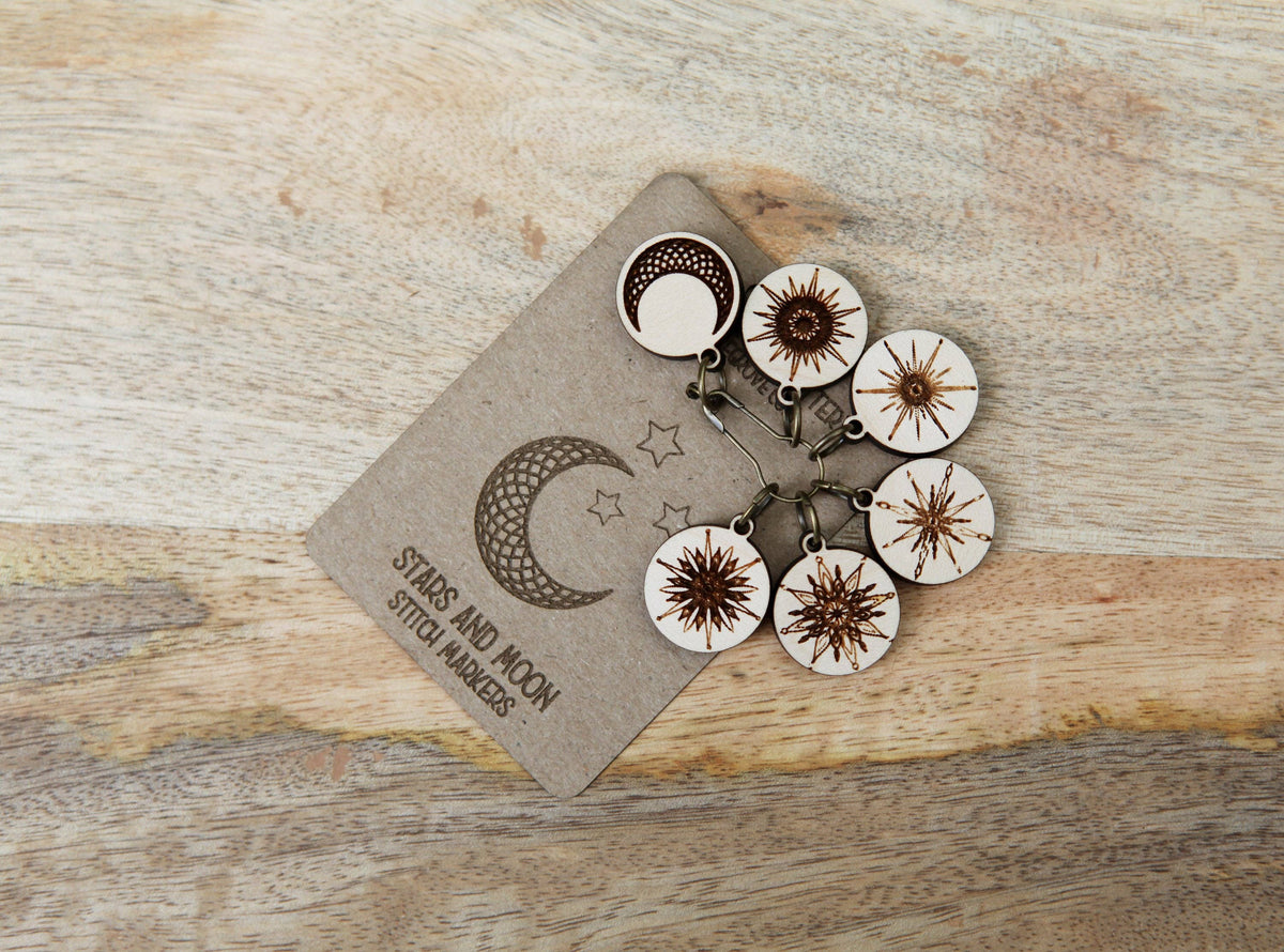 Moon and Stars Maple Wood Knitting Stitch Markers Set of 6