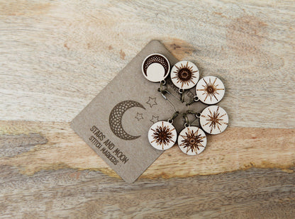 Moon and Stars Maple Wood Knitting Stitch Markers Set of 6