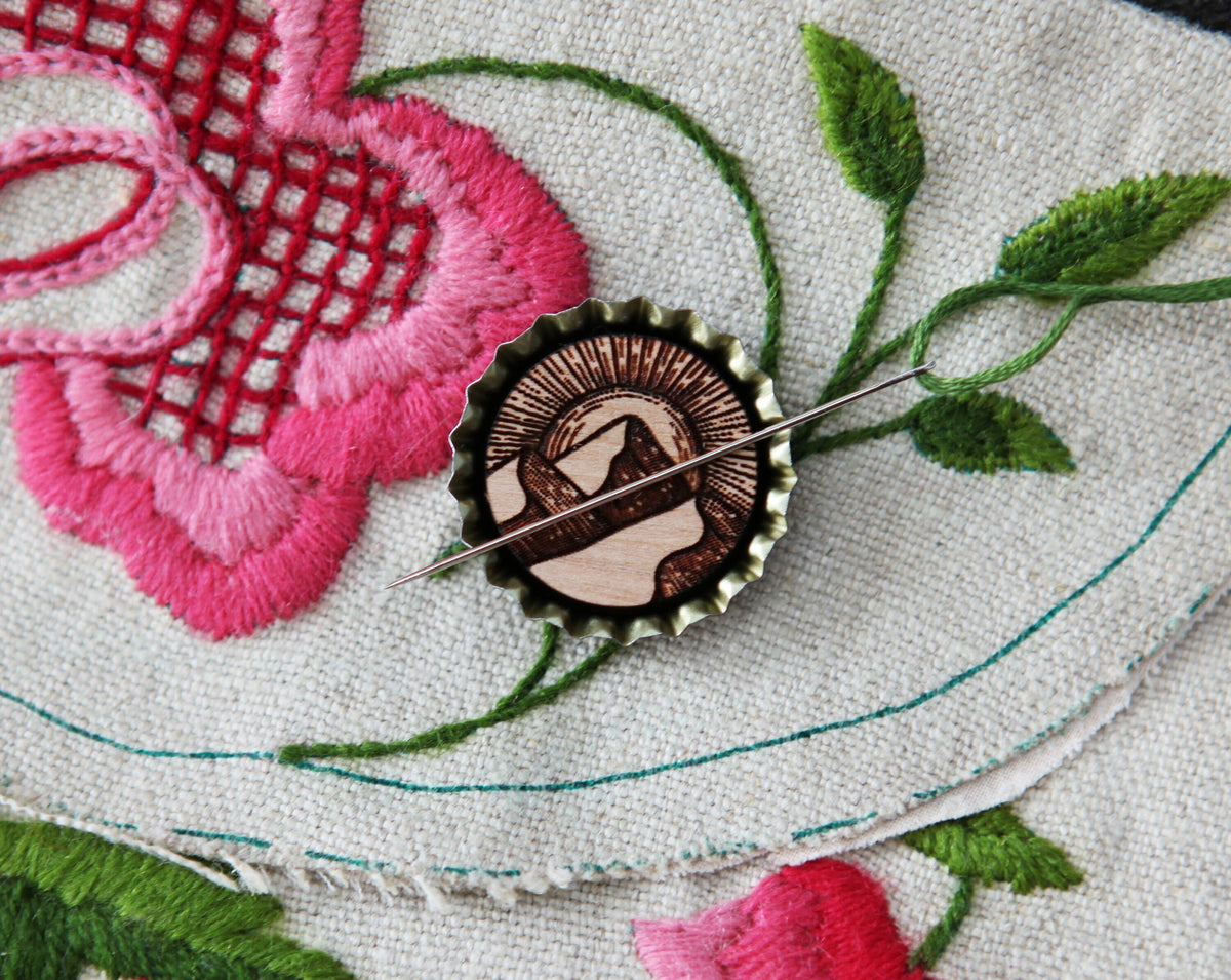 Mountain Sun Moon Wood Needle Minder for Needlework Crafts