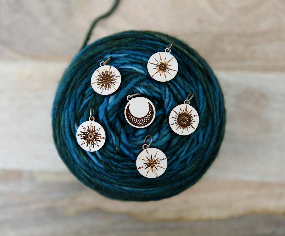 Moon and Stars Maple Wood Knitting Stitch Markers Set of 6