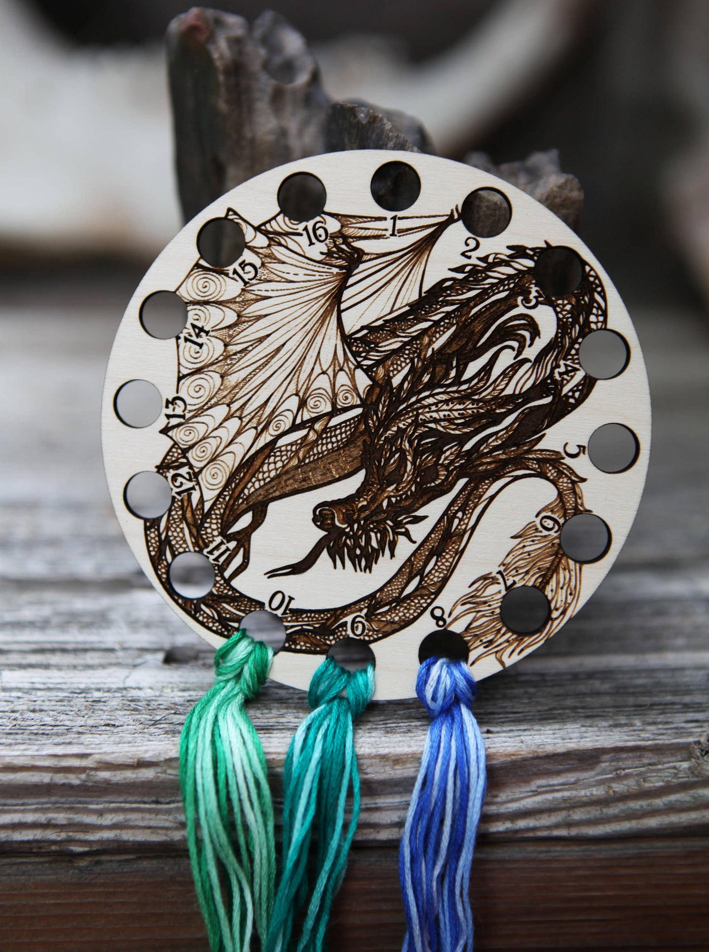 Dragon Embroidery Floss Storage Holder - Circle Maple Wood