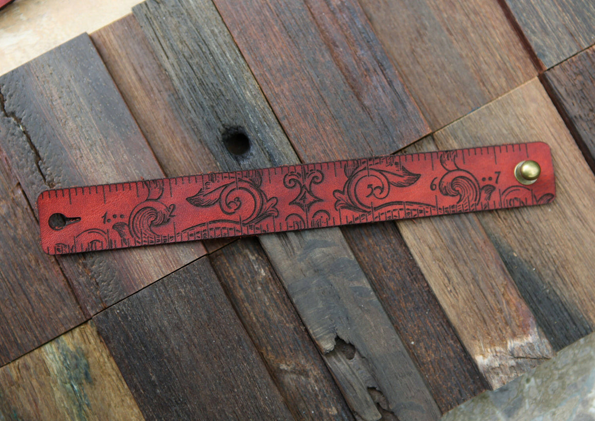 Leather Ruler Cuff with Bronze Stud for Knitting & Sewing - Red Moon