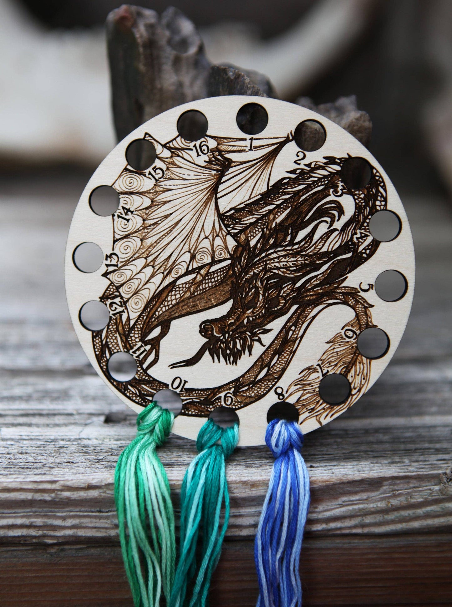 Dragon Embroidery Floss Storage Holder - Circle Maple Wood