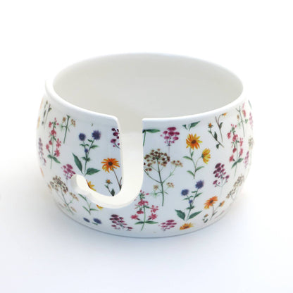 Ceramic Yarn Bowl, FULL WRAP Wildflowers, crochet or knit