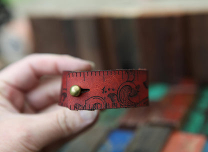 Leather Ruler Cuff with Bronze Stud for Knitting & Sewing - Red Moon