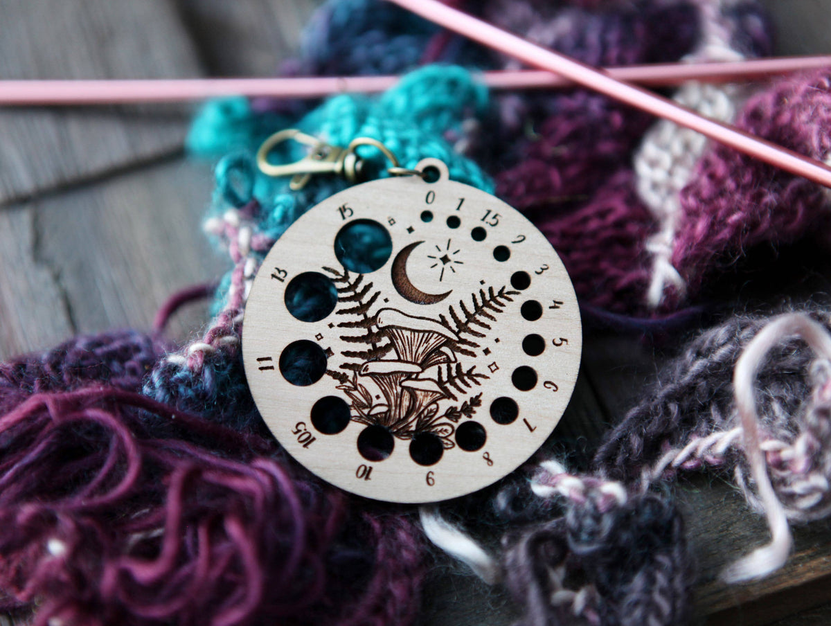 Cherry Wood Knitting Gauge with Moon, Stars & Bronze Clasp