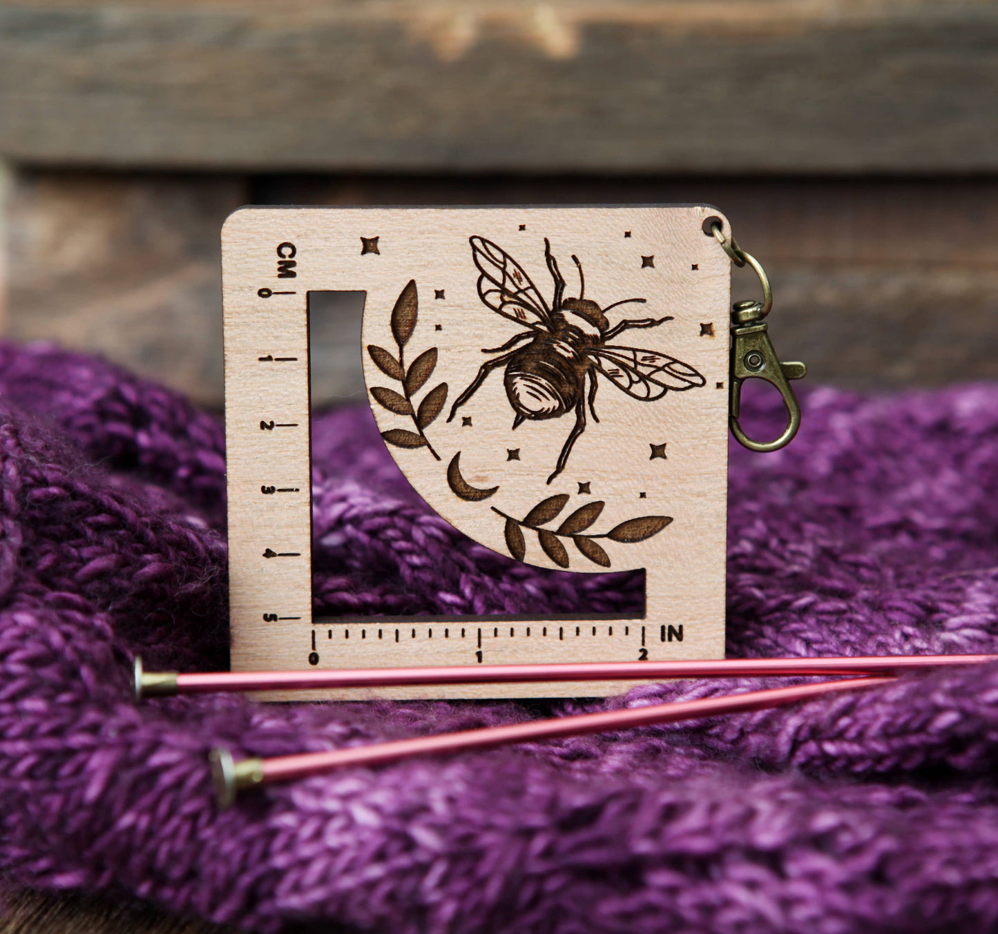 Bee, Stars & Moon Yarn Gauge Tool, Cherry & Bronze
