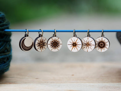 Moon and Stars Maple Wood Knitting Stitch Markers Set of 6