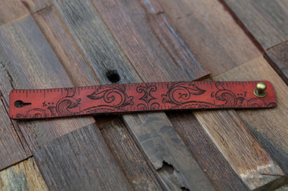 Leather Ruler Cuff with Bronze Stud for Knitting & Sewing - Red Moon