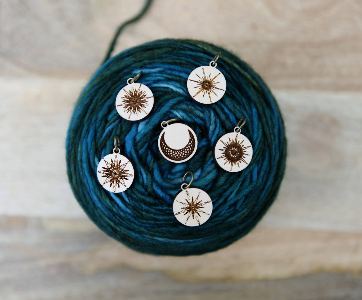 Moon and Stars Maple Wood Knitting Stitch Markers Set of 6