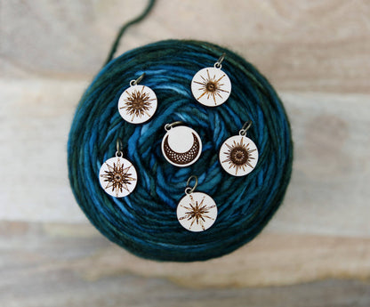 Moon and Stars Maple Wood Knitting Stitch Markers Set of 6