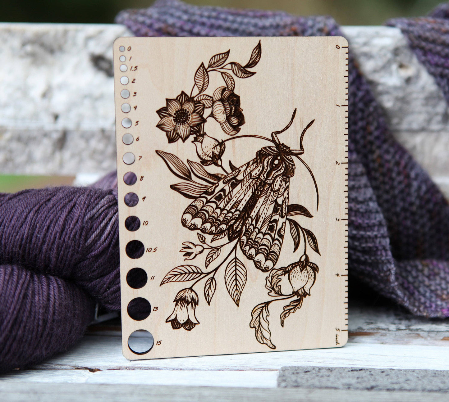 Moth Floral Maple Knitting Needle Gauge & 5" Ruler