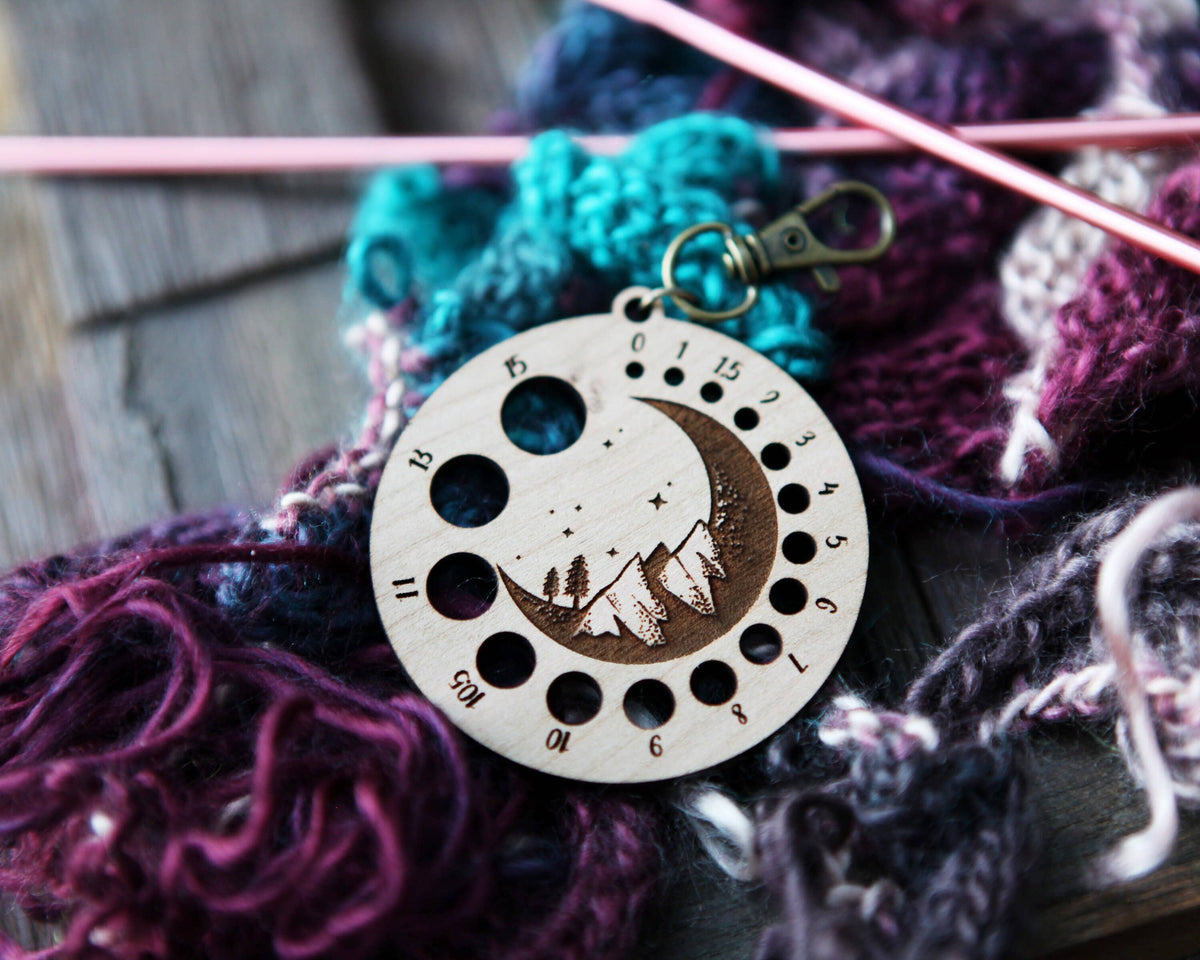 Cherry Wood Knitting Gauge with Night Sky & Bronze Clasp