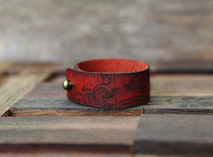 Leather Ruler Cuff with Bronze Stud for Knitting & Sewing - Red Moon