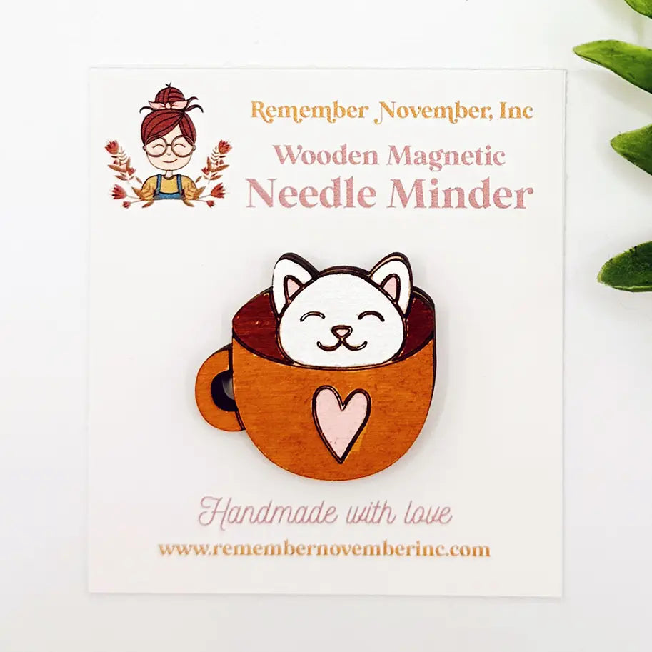 Cat Teacup Needle Minder, Wooden Magnetic Needle Minder
