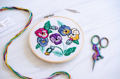 Springtime Pansies Sampler DIY PremiumEmbroidery Kit, 6 inch