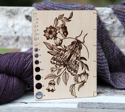 Moth Floral Maple Knitting Needle Gauge & 5" Ruler