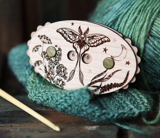 Luna Moth Cherry Wood Knitting Row Counter with Stars & Moon