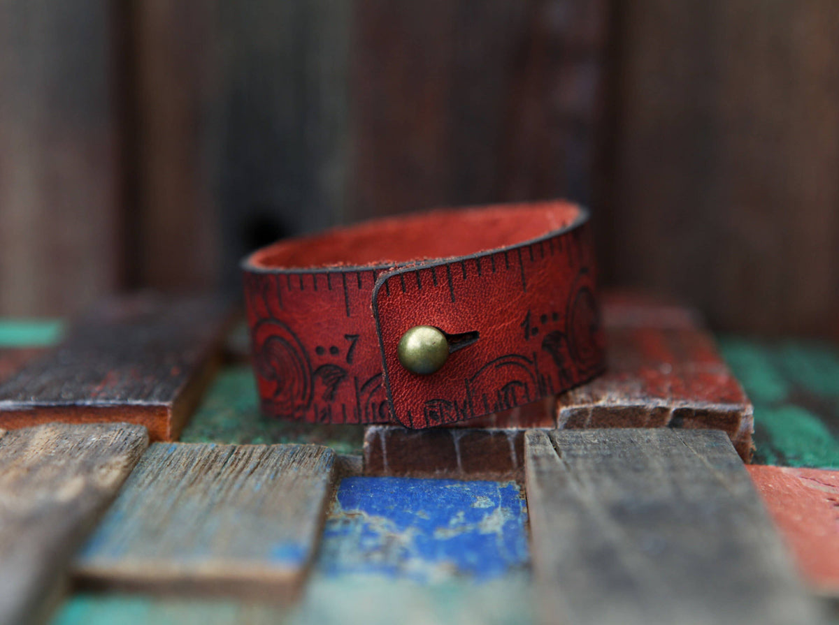 Leather Ruler Cuff with Bronze Stud for Knitting & Sewing - Red Moon