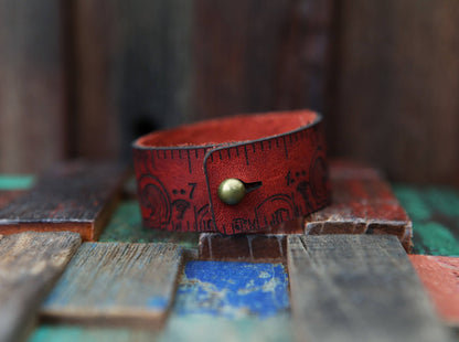 Leather Ruler Cuff with Bronze Stud for Knitting & Sewing - Red Moon